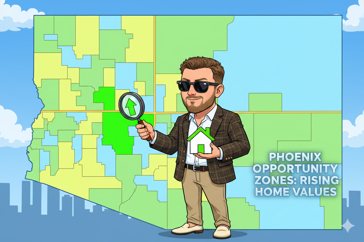 Scott Bryant standing beside a Phoenix neighborhood map highlighting Opportunity Zones, holding a house and an investment chart to represent rising home values and tax-advantaged real estate growth