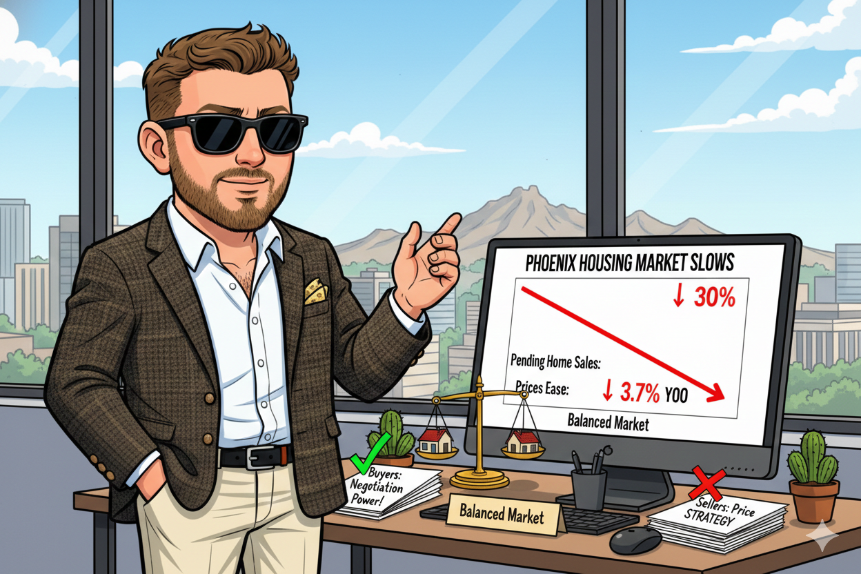 Scott Bryant pointing at a line chart showing the 2026 Phoenix housing market slowing, with a checkmark highlighting buyer negotiation power and an X marking seller pricing strategy