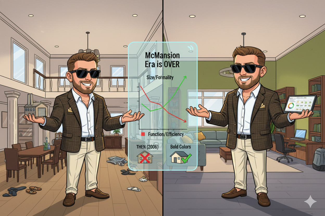 Split digital illustration showing the evolution of American homes: left side depicts a cluttered, beige-toned 2006 McMansion dining room, right side shows a modern, functional 2026 home office and living space, with a HUD display charting size vs. efficiency trends and text reading “McMansion Era is OVER”