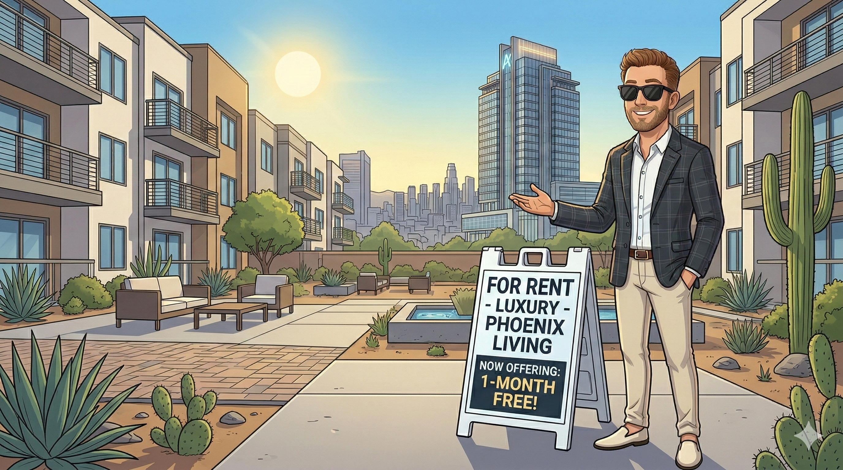  A vibrant cartoon of Scott Bryant standing in a modern Phoenix apartment courtyard with a 