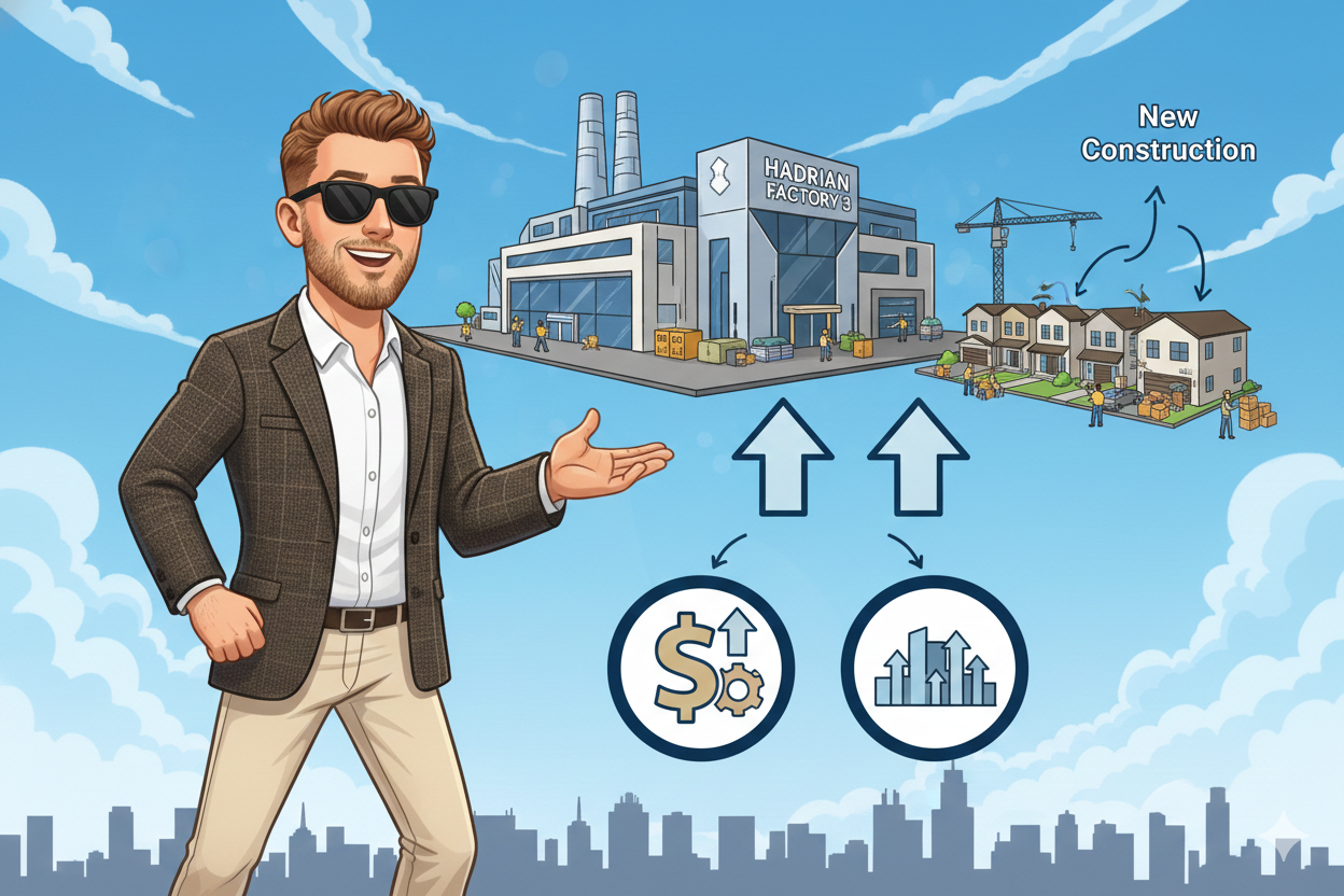 Scott Bryant standing beside Hadrian’s advanced manufacturing facility and nearby new construction in Mesa, highlighting job growth and real estate development.