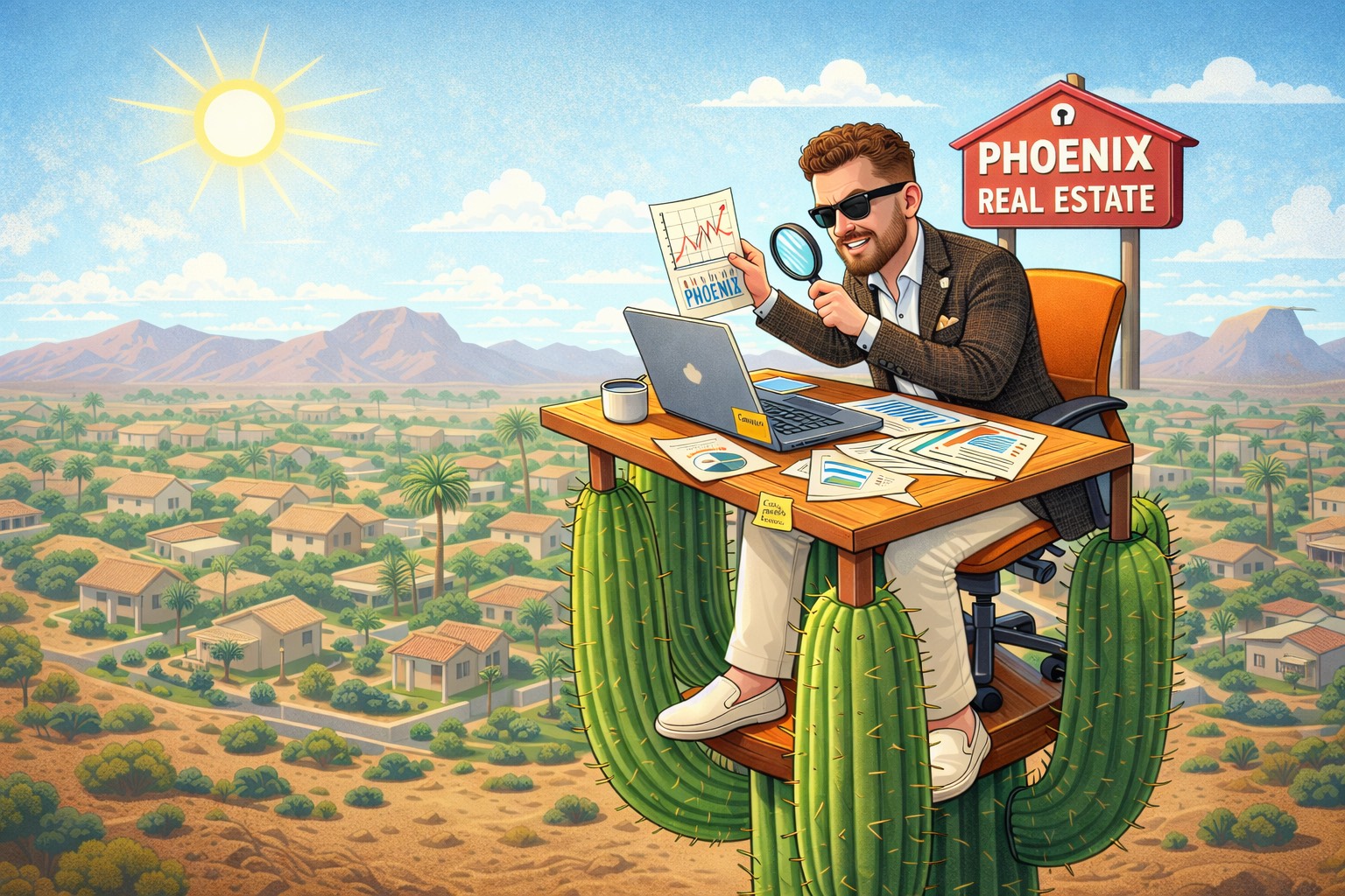 Cartoon illustration of a Phoenix real estate analyst Scott Bryant wearing black sunglasses, cream pants, and loafers, working at a desk balanced on a giant cactus above a sunny desert neighborhood, reviewing charts with a magnifying glass.