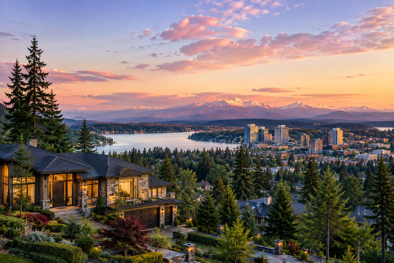 Luxury homes and neighborhoods in Redmond WA with evergreen trees and Pacific Northwest scenery