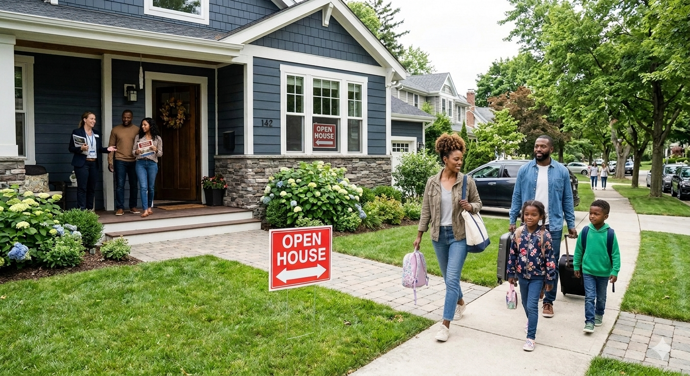 A family leaving their home while buyers tour the property during an open house weekend.