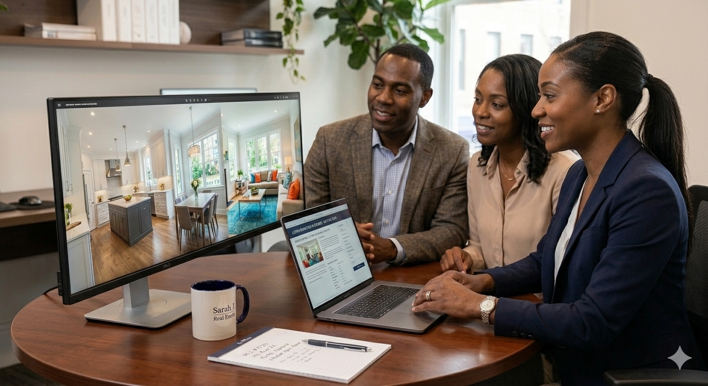 Real estate marketing strategy showing listing photos, social media promotion, and online home exposure.