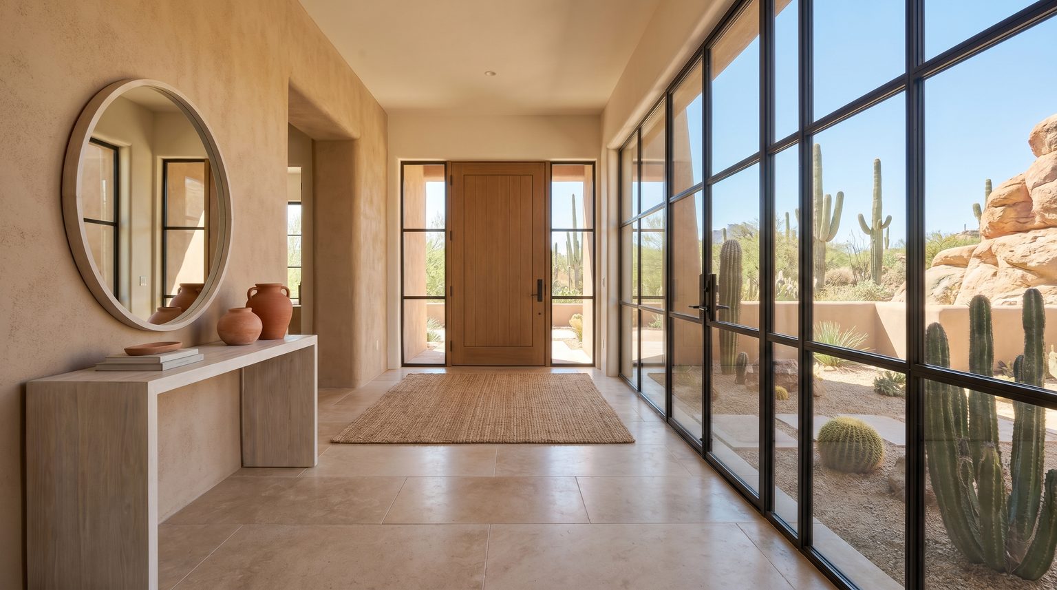 A welcoming front entryway with a tile floor and a console table, in a Phoenix Arizona home, bright natural desert light through l