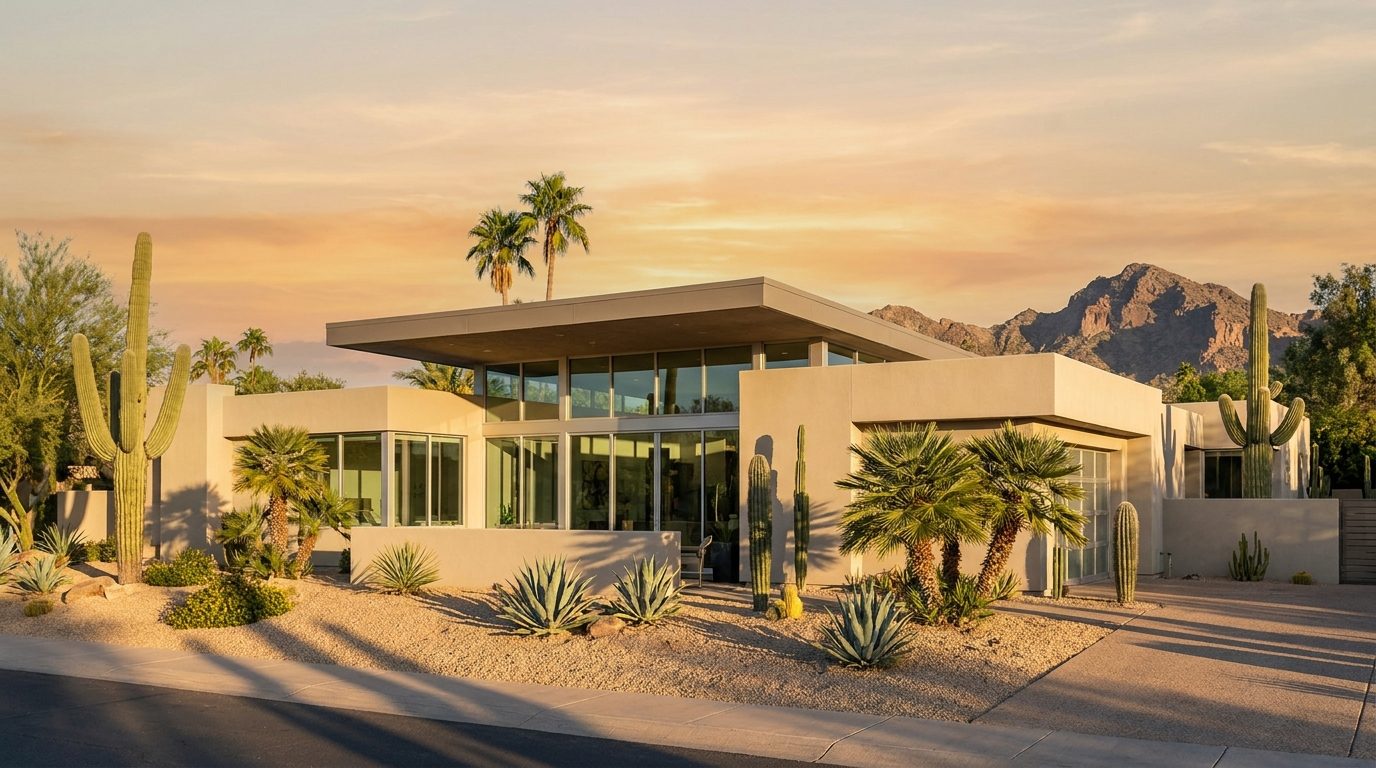 Modern Arizona desert home at golden hour with saguaro cactus and Phoenix mountains in the background