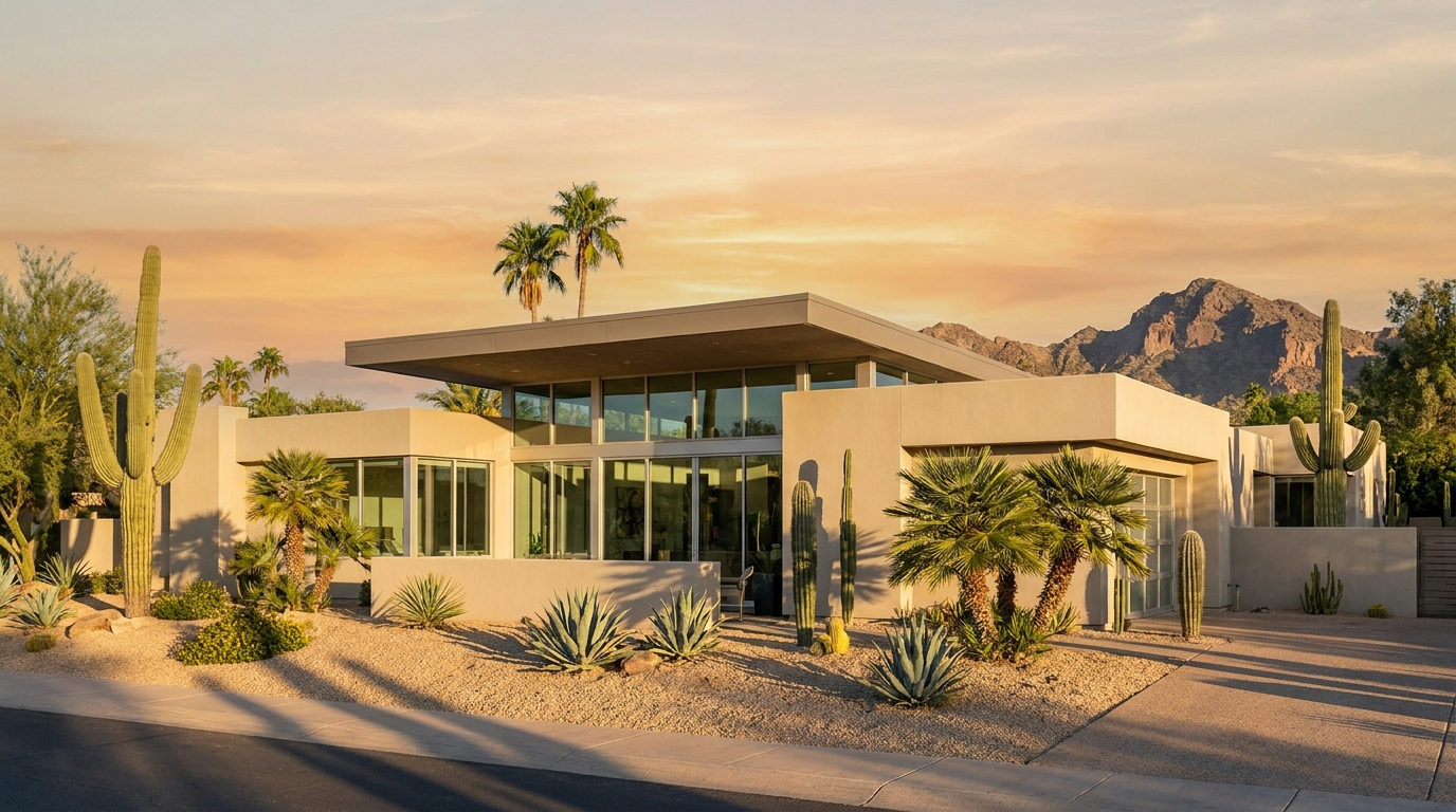 Modern Arizona desert home at golden hour with saguaro cactus and Phoenix mountains in the background