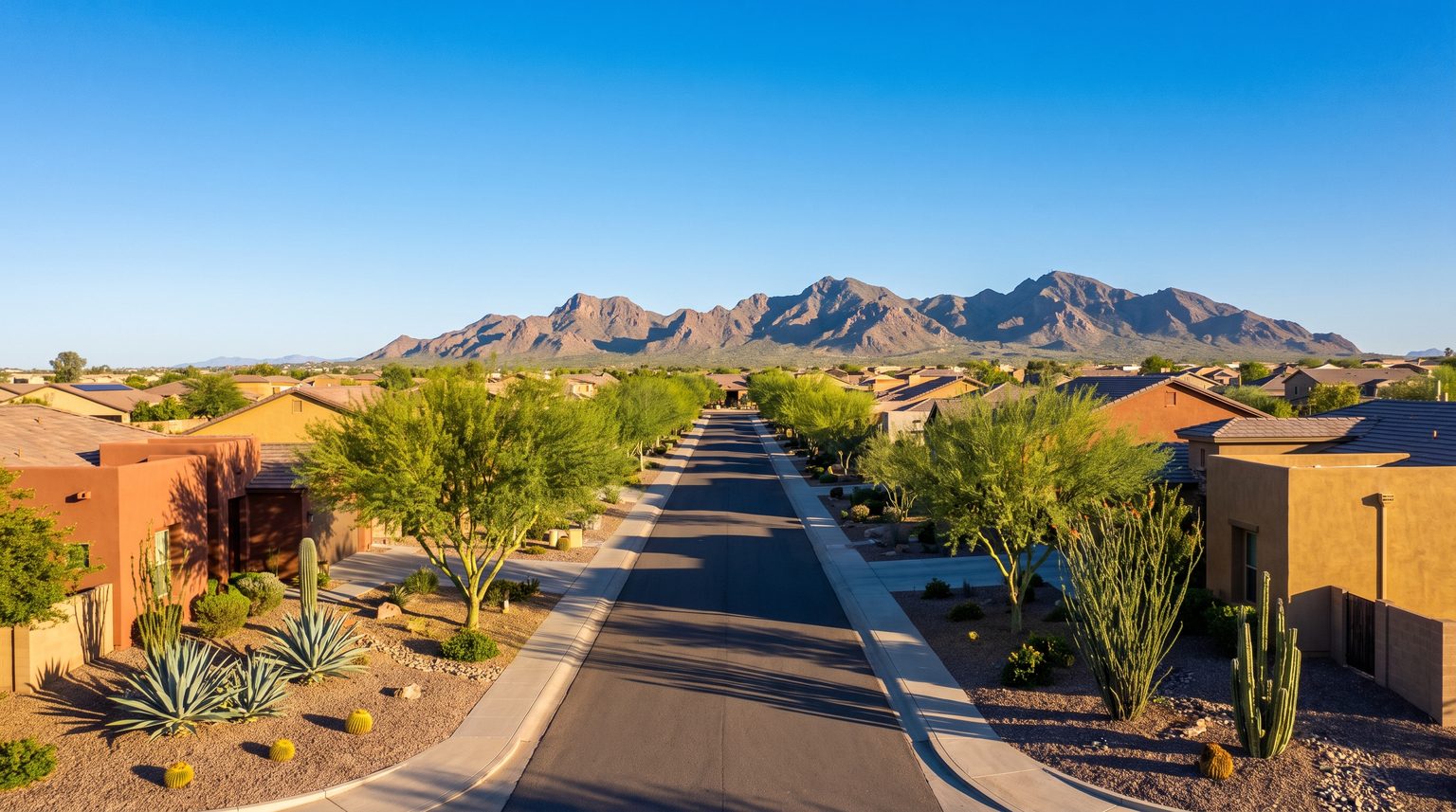 Suburban Queen Creek neighborhood with single-family homes, desert landscaping, and San Tan Mountains in the background under blue Arizona sky