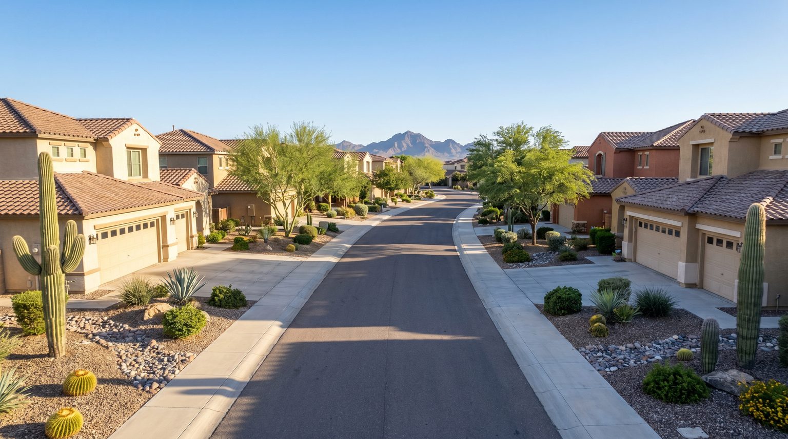 Phoenix suburban home with for sale sign in front yard during a slower real estate market with clear skies and desert landscaping