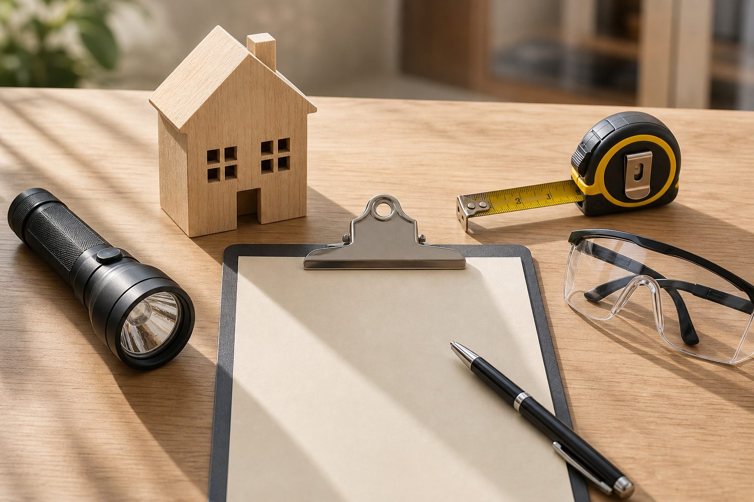 Home inspector examining exterior of single-family house in Phoenix Arizona with clipboard and flashlight during daytime
