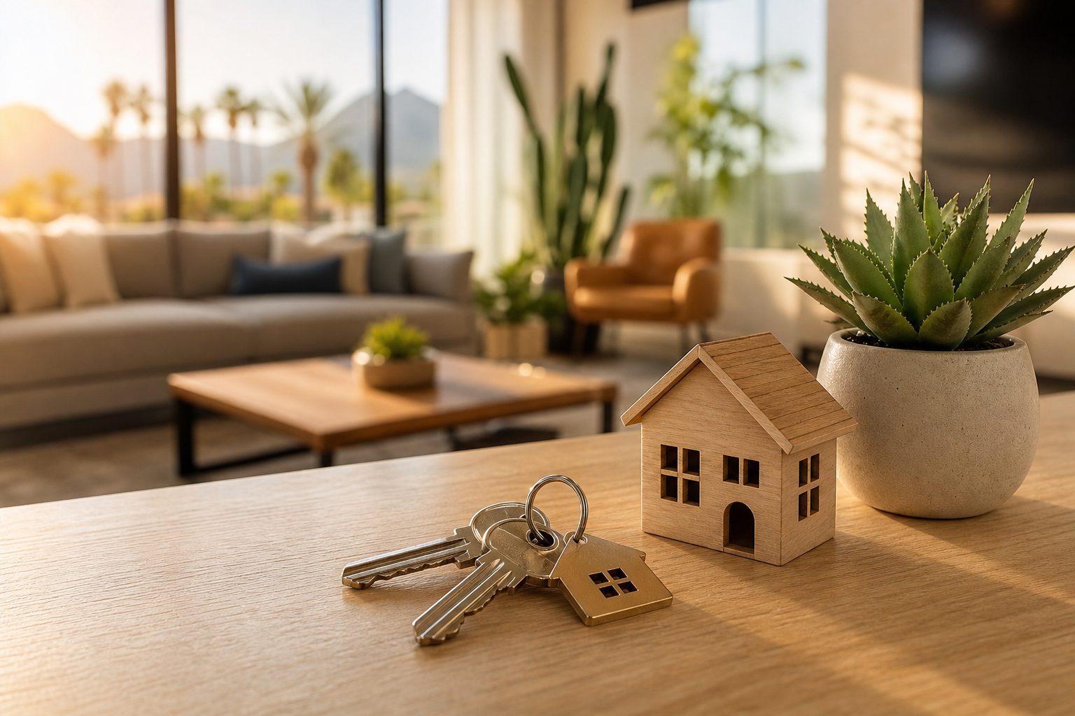 House keys and a small model house on a desk in a Phoenix Arizona home, representing seller closing costs