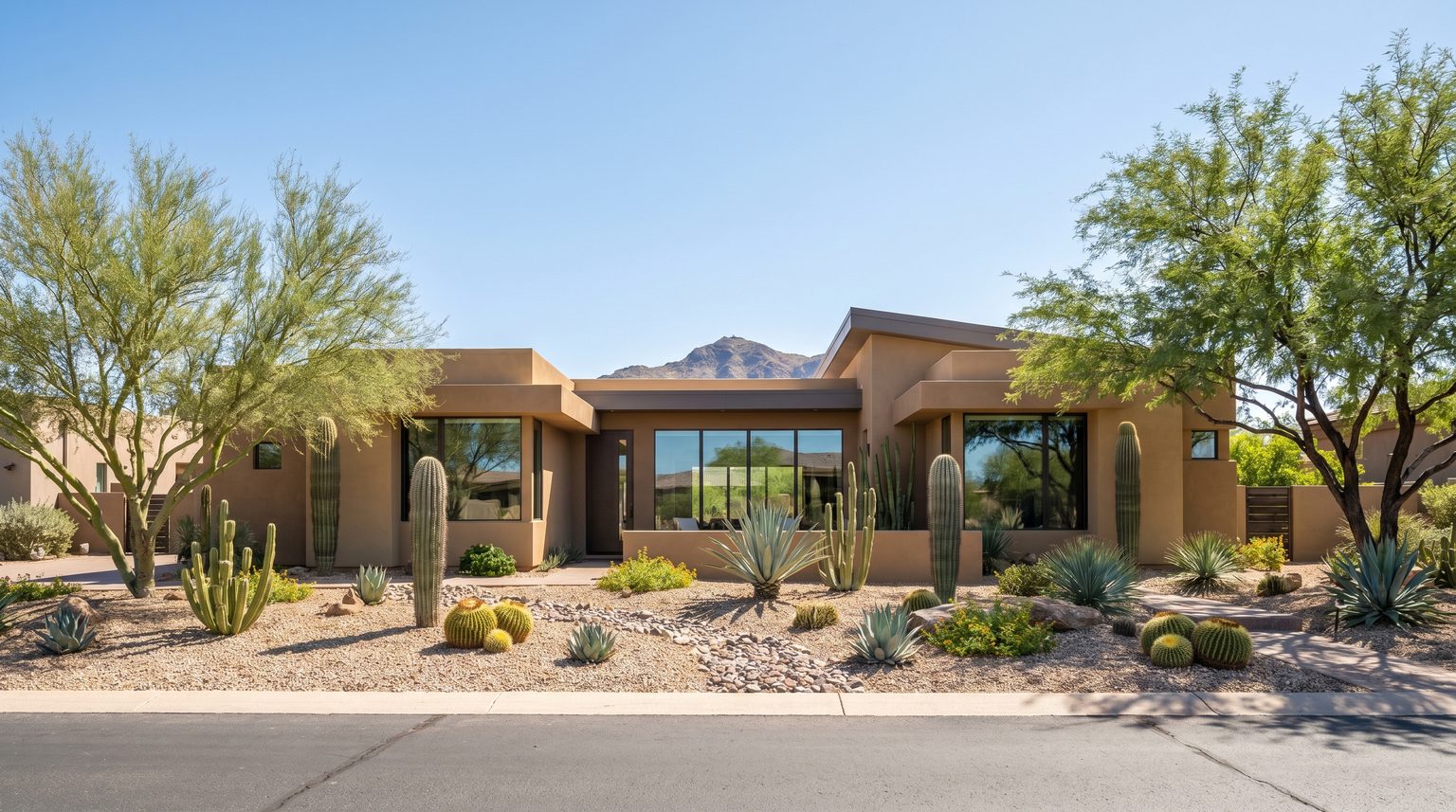 Modern new-construction home in Phoenix with desert landscaping and two-car garage at sunset, representing builder incentives and negotiation opportunities