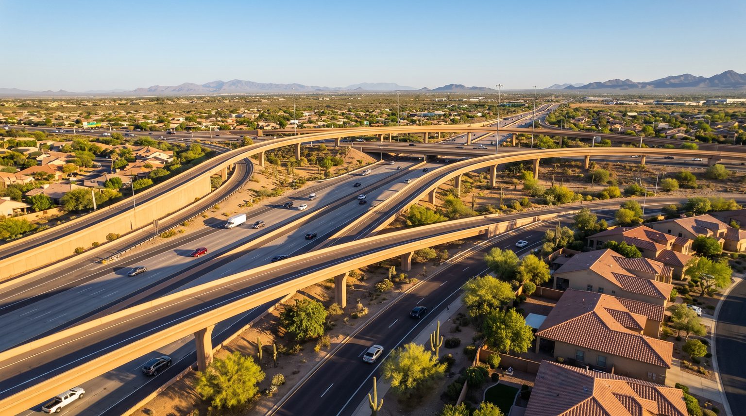 Aerial view of an Arizona East Valley freeway interchange at golden hour