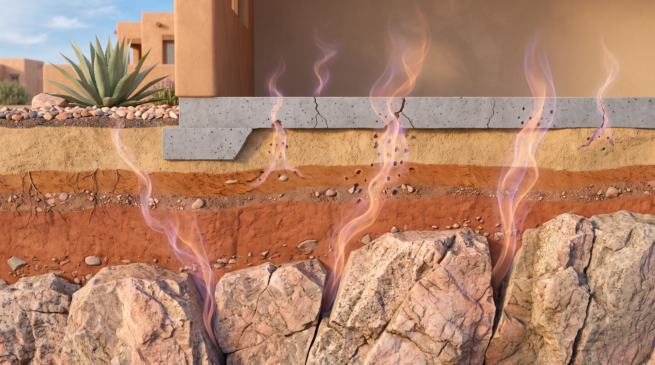 Cross-section diagram showing radon gas rising from granite bedrock through soil into a Phoenix home foundation with slab cracks.
