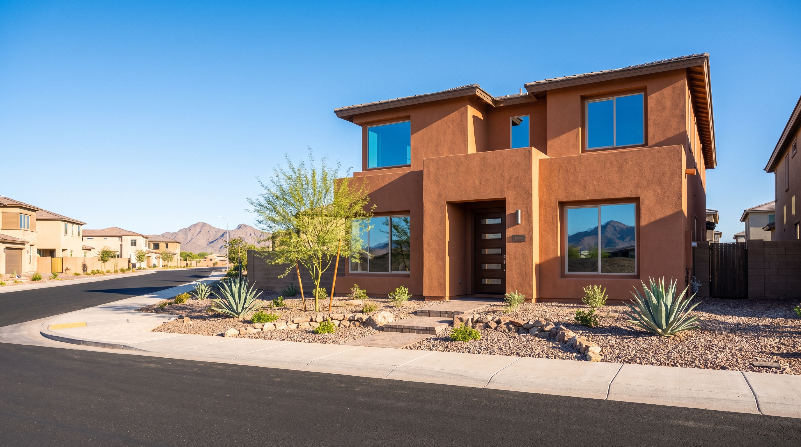 Bright new construction community in Ahwatukee with model homes, sidewalks, and desert landscaping under Arizona sunshine