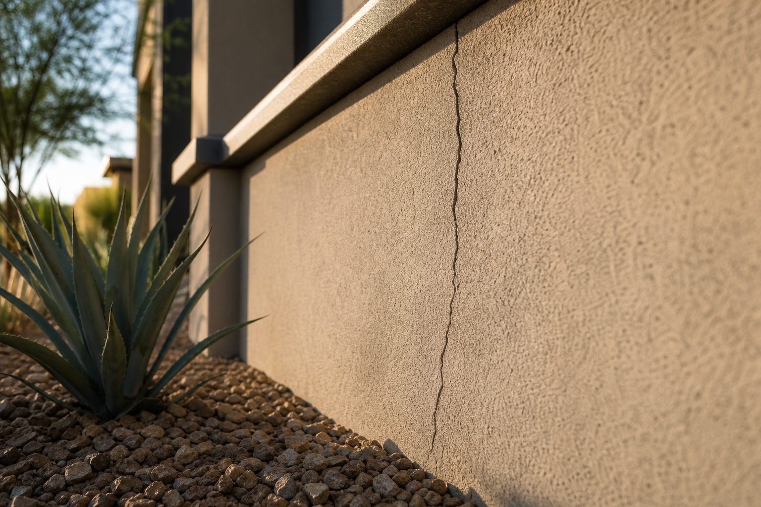 A hairline crack in the stucco foundation of a Phoenix Arizona home, indicating possible foundation repair