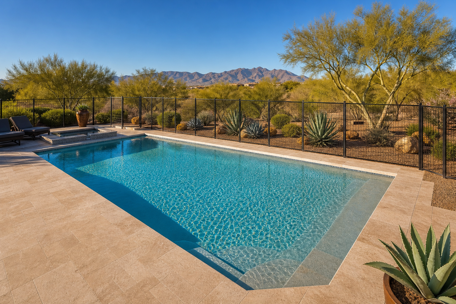 Residential swimming pool with fencing and deck in Phoenix Arizona backyard