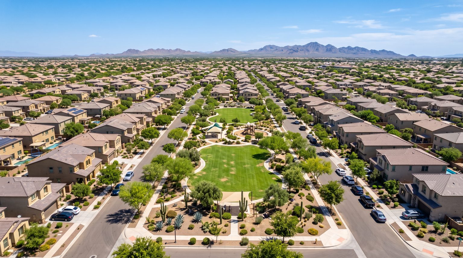 Aerial view of Gilbert, Arizona residential neighborhoods with modern single-family homes and community parks under clear blue sky