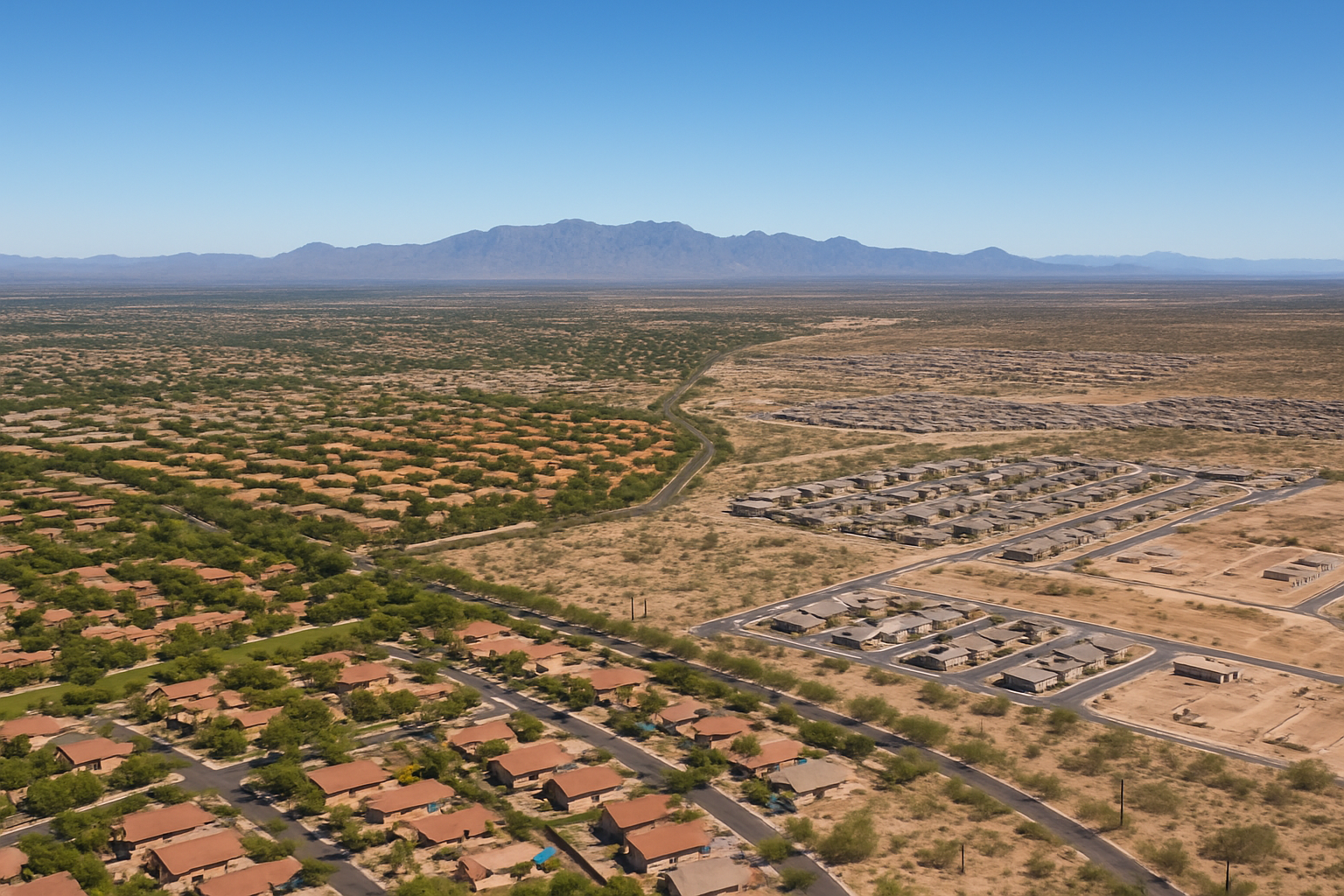 Aerial view comparing East Valley and West Valley Phoenix Metro neighborhoods with master-planned communities and desert mountain backdrop