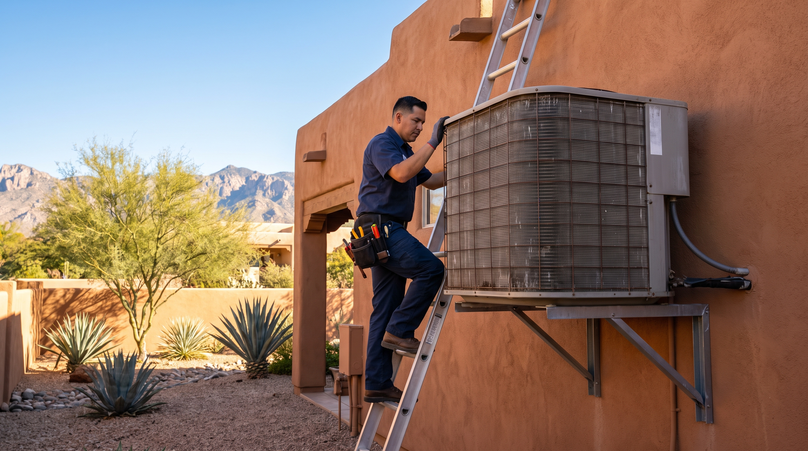 HVAC technician installing an air conditioning unit on a Phoenix-area home exterior