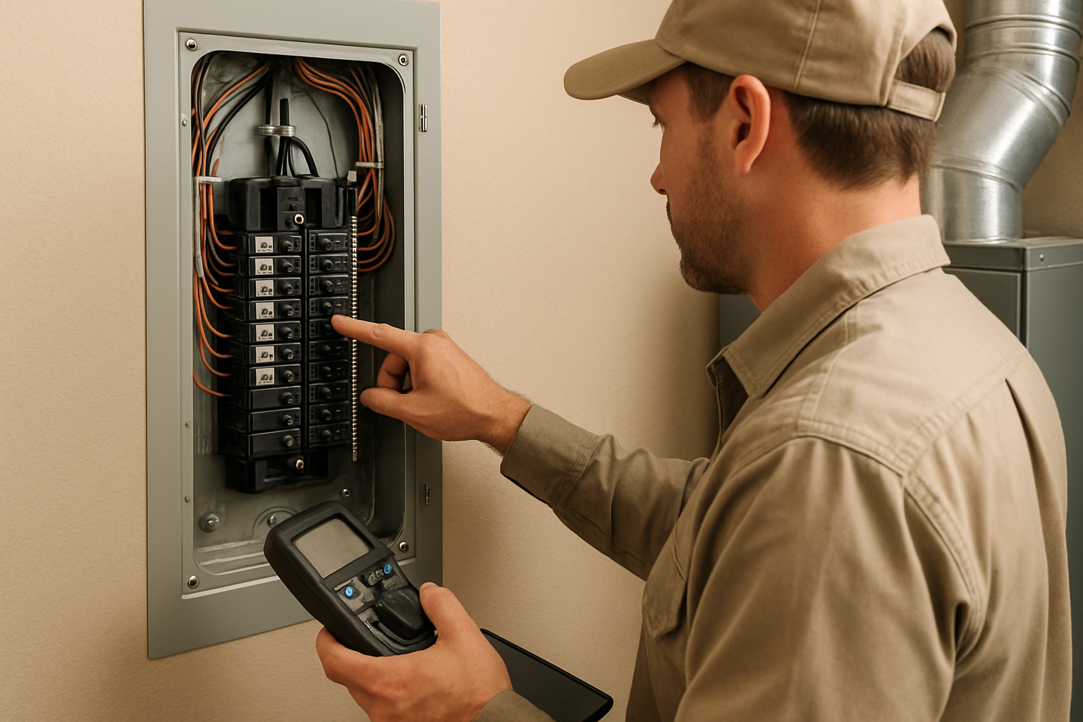 Phoenix home inspector examining HVAC system and electrical panel during residential property inspection in Arizona