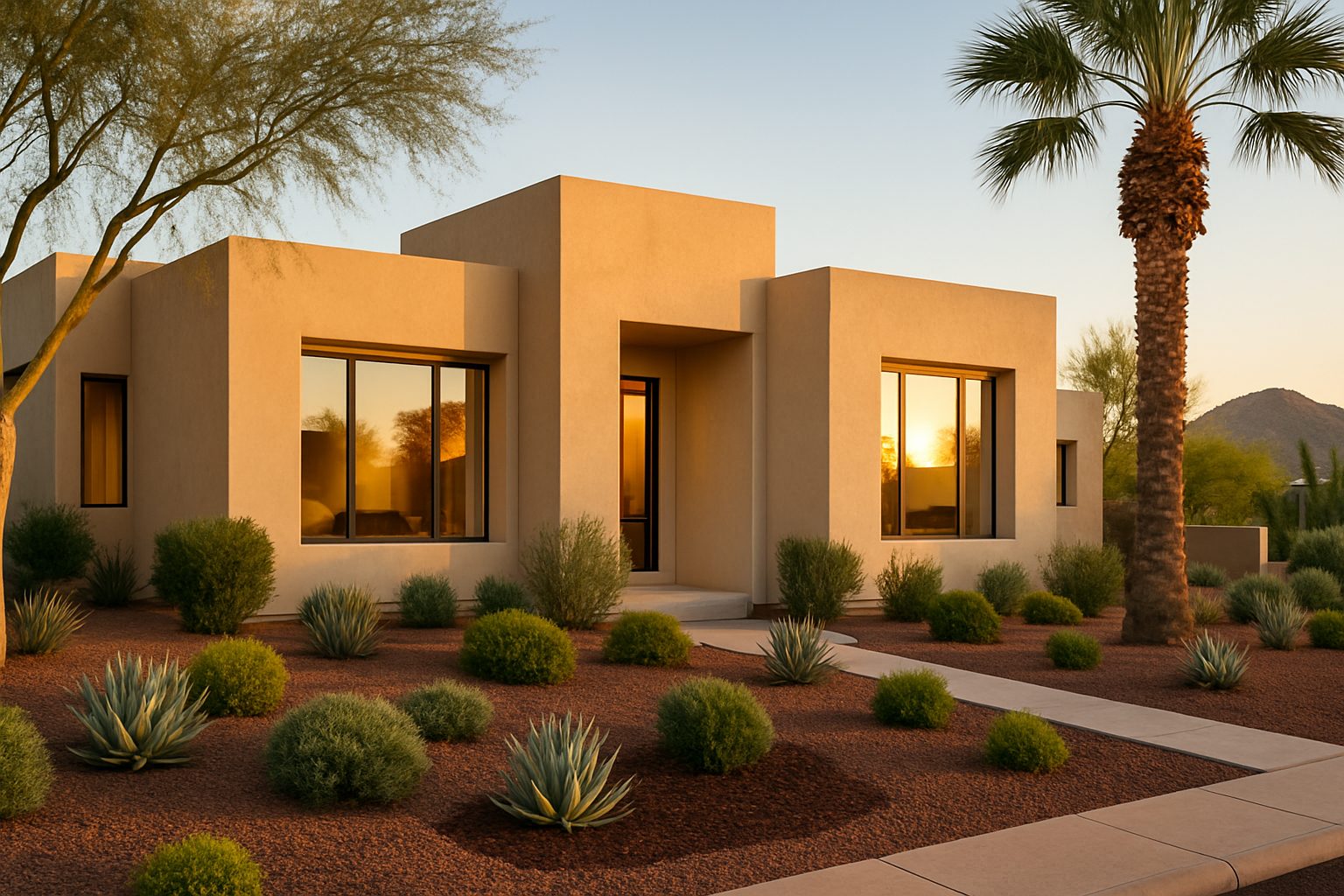 Modern Phoenix stucco home with xeriscaped desert landscaping and palm trees at golden hour, showcasing pristine curb appeal