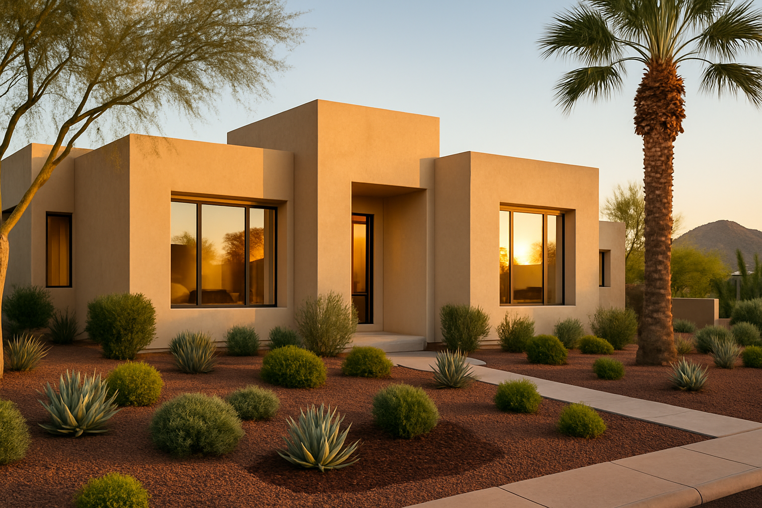 Modern Phoenix stucco home with xeriscaped desert landscaping and palm trees at golden hour, showcasing pristine curb appeal