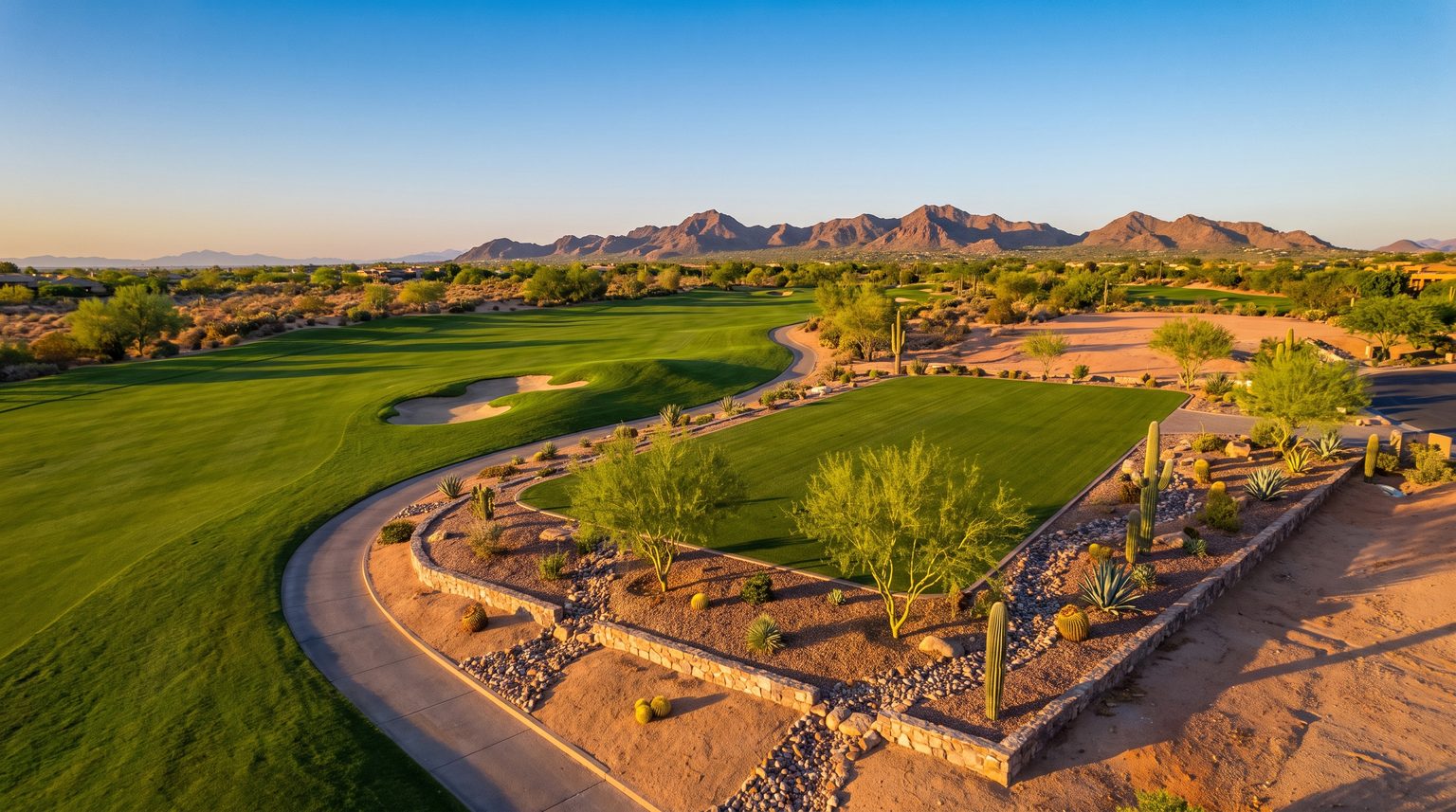 Aerial view of a golf-course-frontage residential lot in Phoenix Metro with fairway, mountain backdrop, and buildable pad outlined