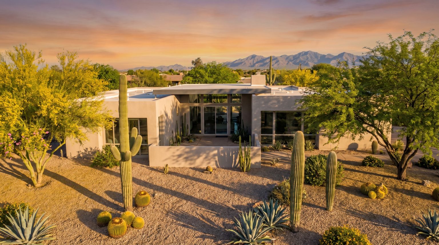 A mid-century modern desert home in Surprise, Phoenix metro Arizona, at golden hour