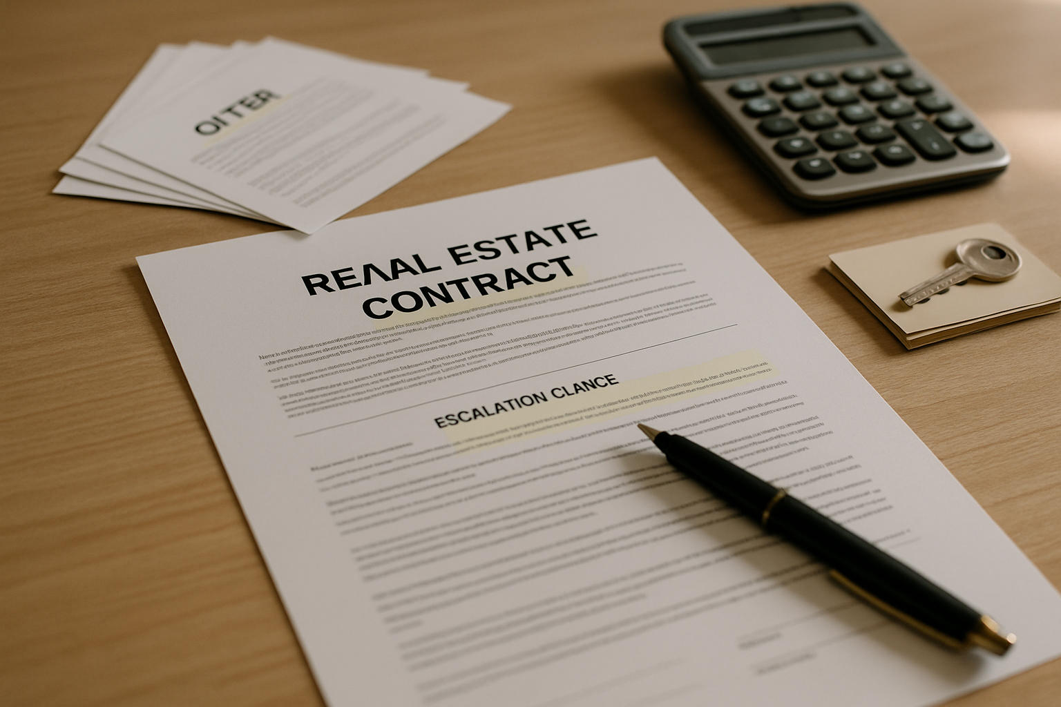 Real estate contract with escalation clause highlighted, stack of competing offers on desk, Phoenix home buyer negotiation