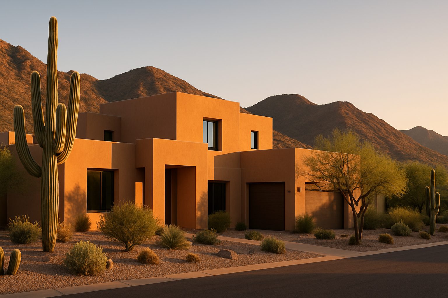 Modern desert-contemporary stucco home in Ahwatukee with South Mountain foothills backdrop, native desert landscaping and golden-hour lighting