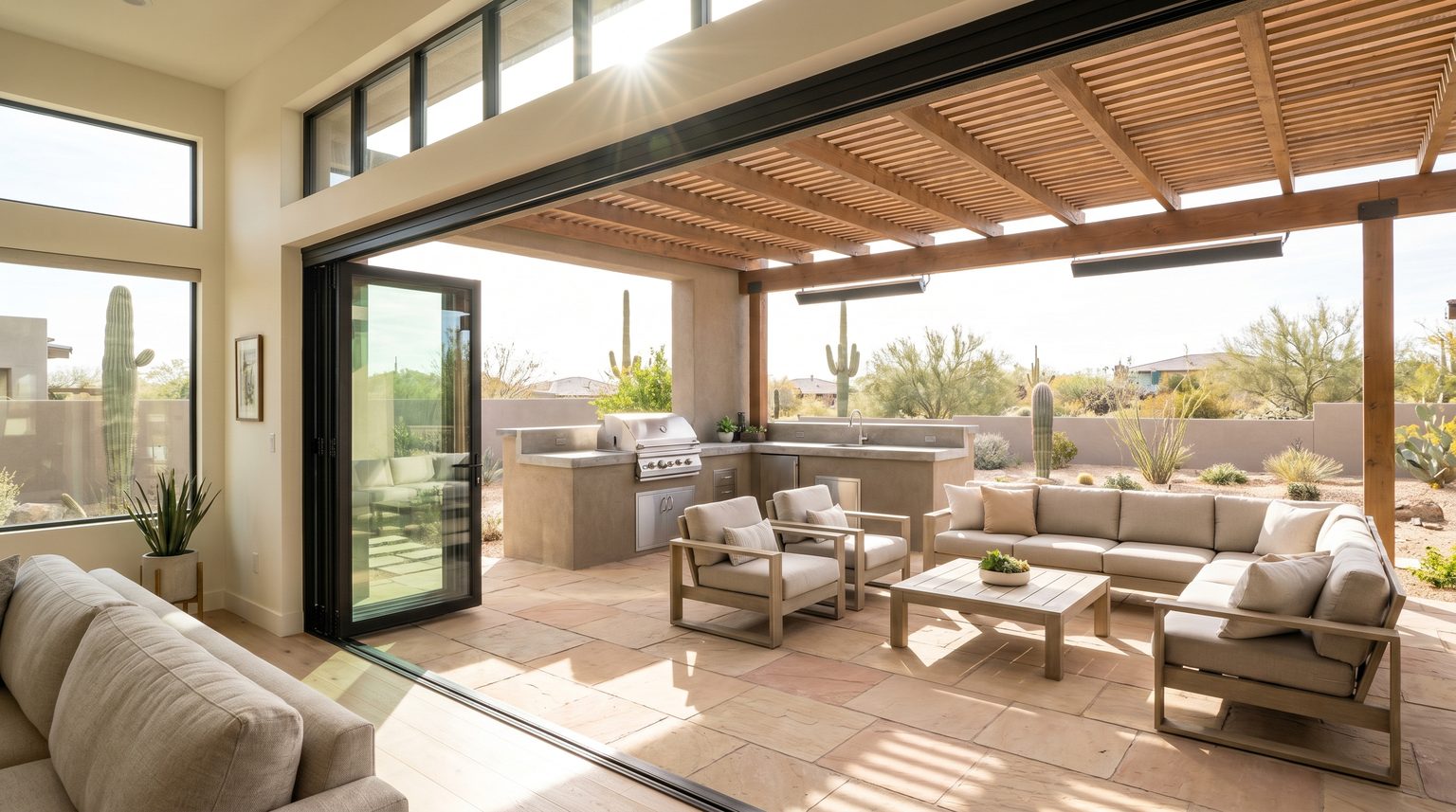 A covered back patio with an outdoor kitchen and lounge seating, in a Phoenix Arizona home, bright natural desert light through la