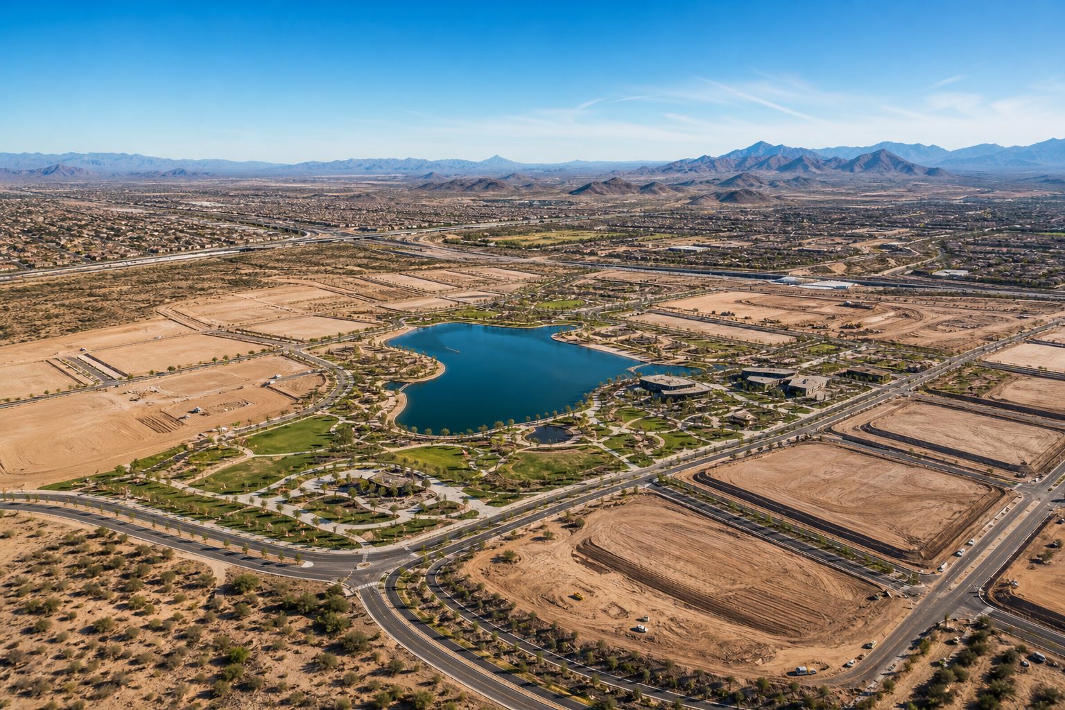 Aerial view of a large master-planned mixed-use development site in the East Valley desert near Mesa, Arizona.