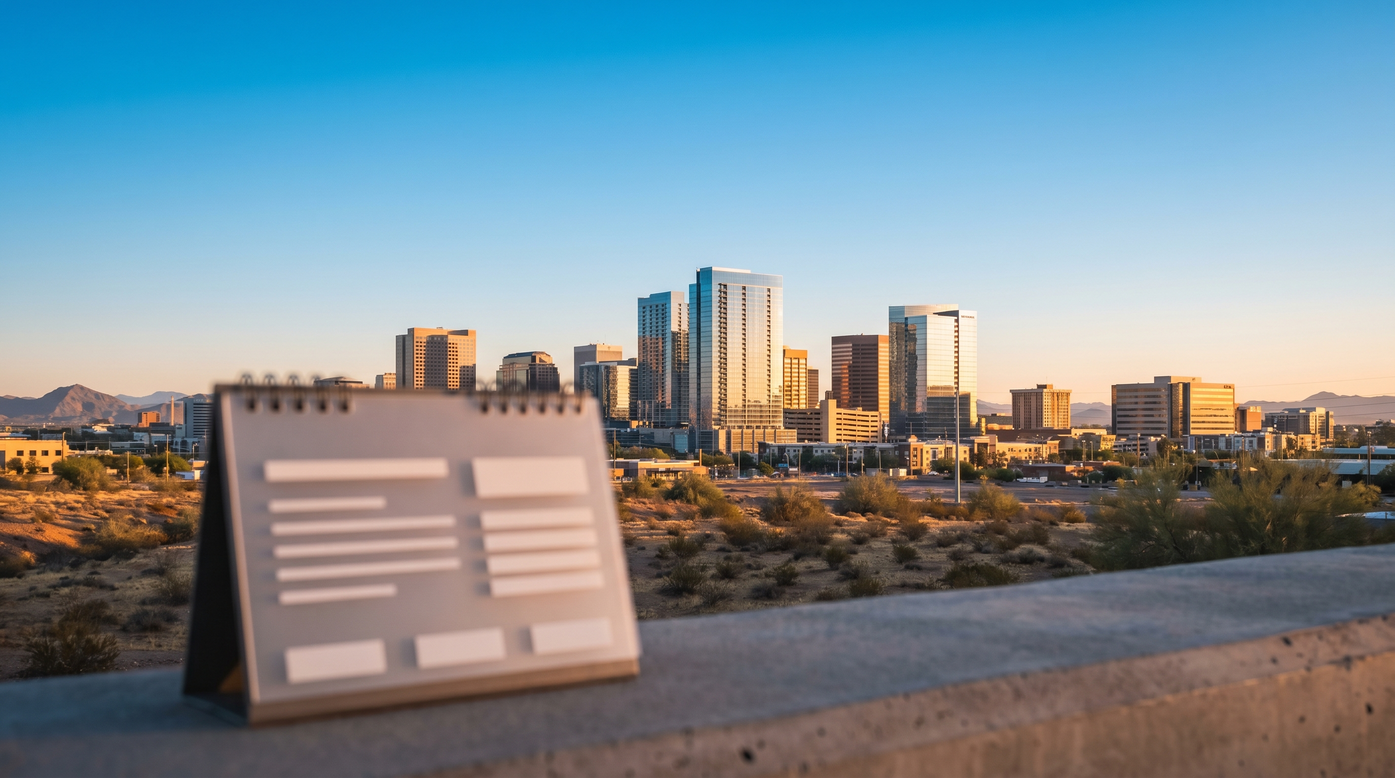 Calendar highlighting spring months with Phoenix skyline in background, representing the best time to sell a home in the Phoenix Metro area