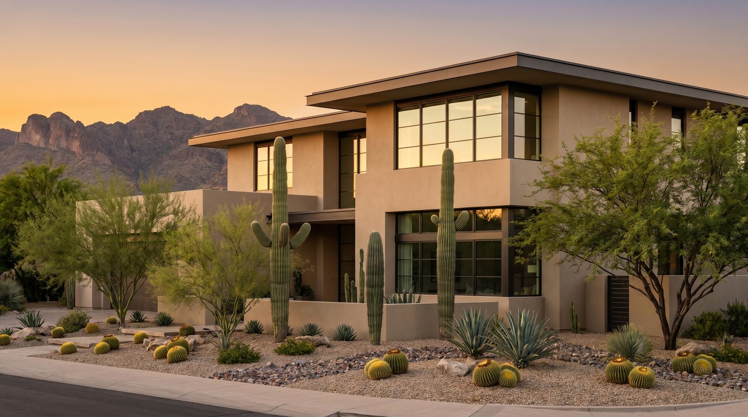 A two-story modern stucco home in Paradise Valley, Phoenix metro Arizona, at golden hour