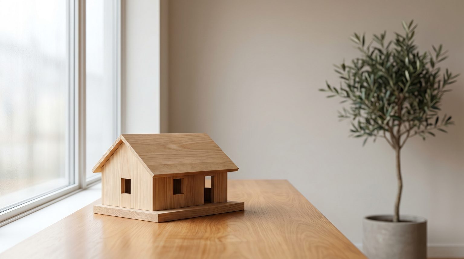 A small wooden model house on a table, soft natural light, shallow depth of field, clean minimal real estate concept image