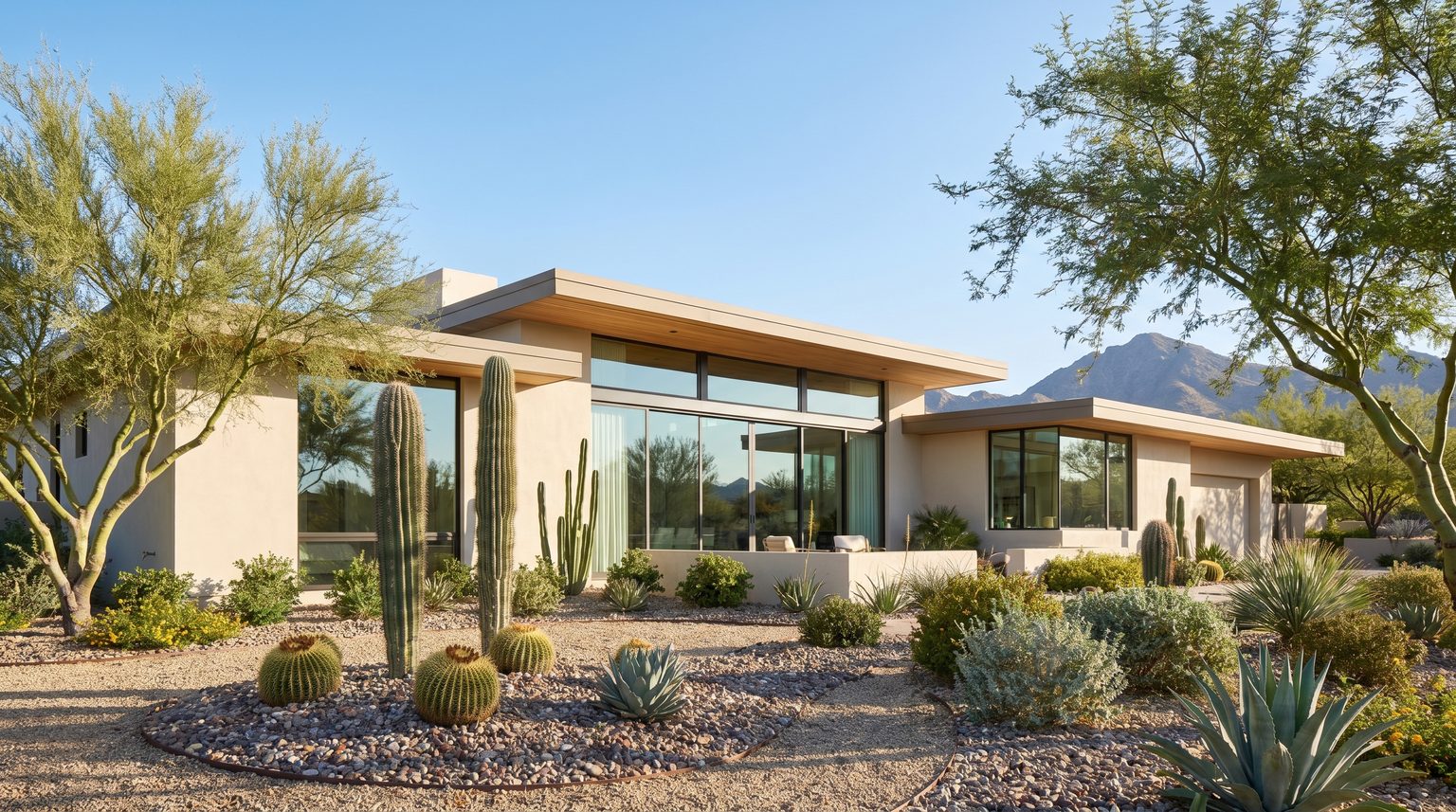 A mid-century modern desert home in Scottsdale, Phoenix metro Arizona, at a clear blue-sky morning