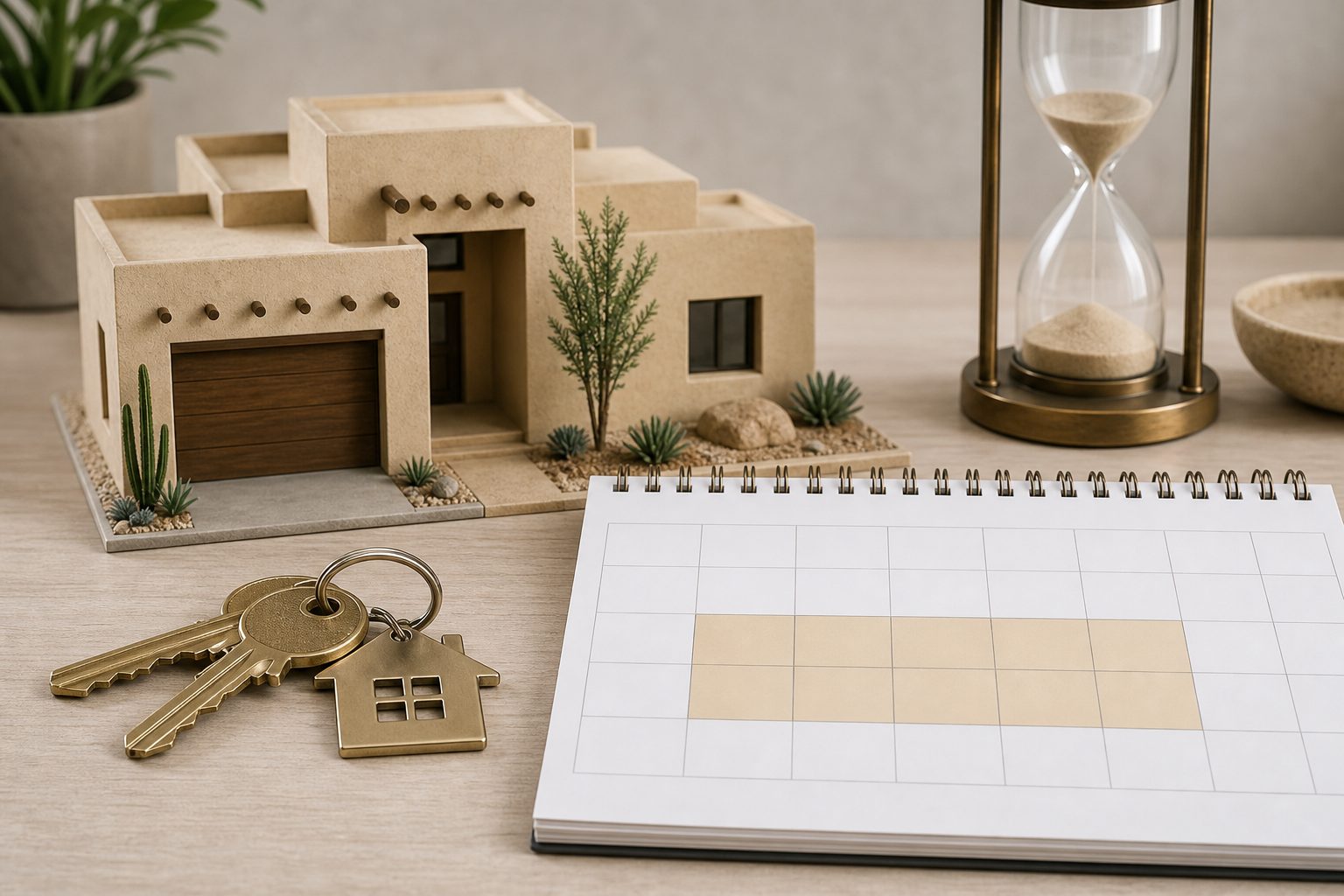 Calendar and house keys on desk illustrating escrow timeline for Phoenix home closing with contract and inspection documents