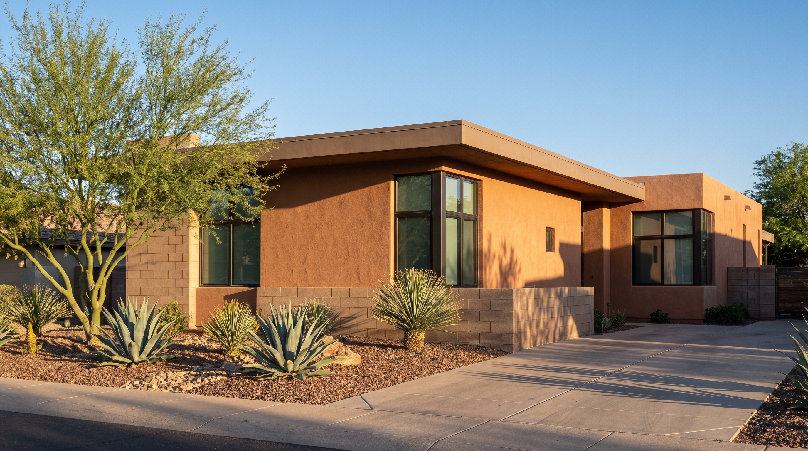Exterior view of a concrete block residential home in the Phoenix Metro area with stucco finish and desert landscaping