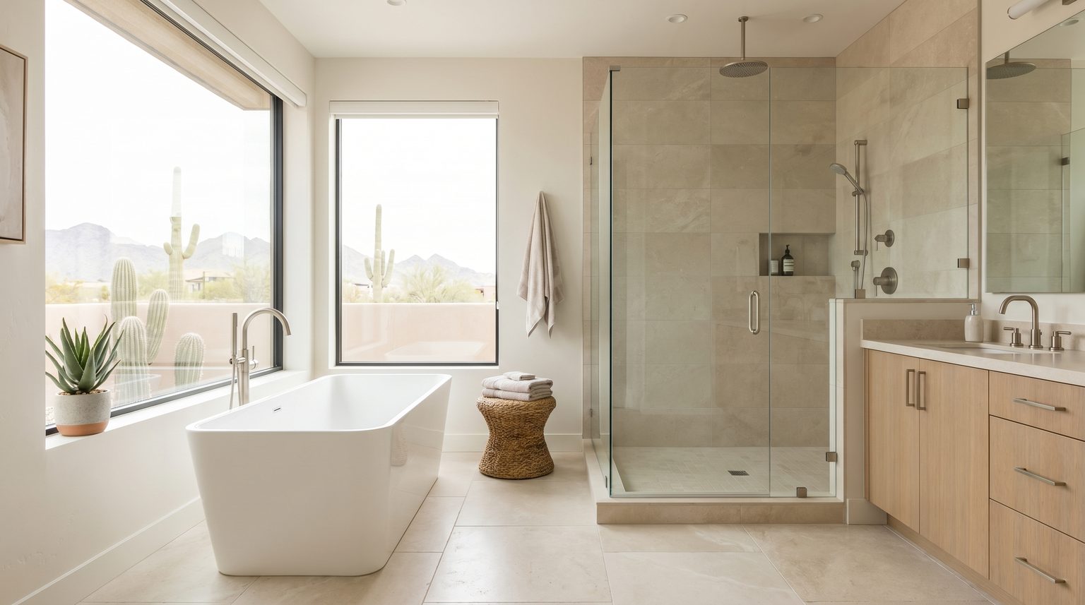 A modern primary bathroom with a freestanding soaking tub and walk-in shower, in a Phoenix Arizona home, bright natural desert lig