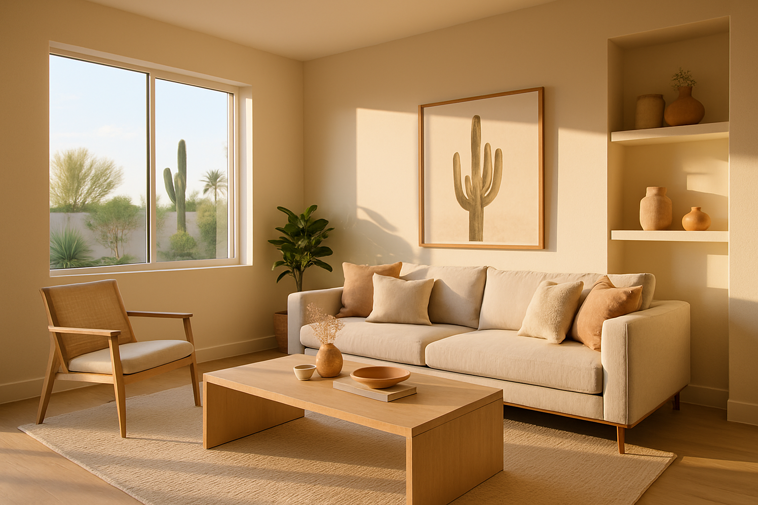 Professionally staged modern living room in Phoenix home with neutral furniture, natural light, and desert-inspired decor