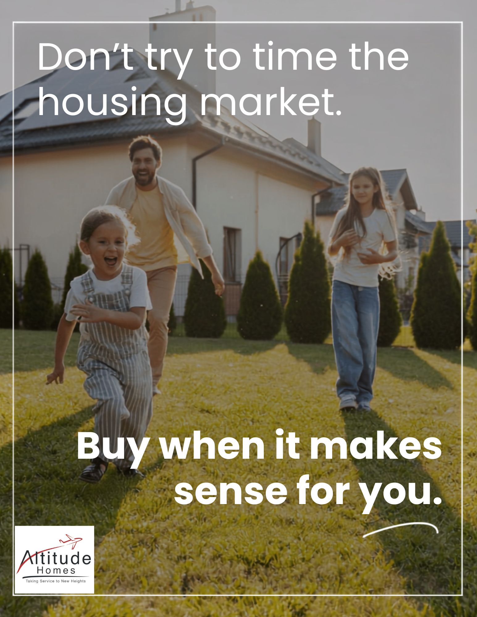 Graphic illustration asking if it is time to buy a home, featuring clean typography about market timing versus personal financial readiness.