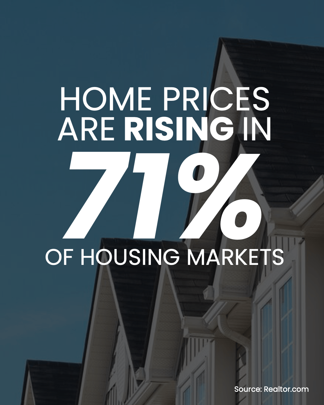 A real estate market infographic text stating that home prices are rising in 71 percent of housing markets across the country.