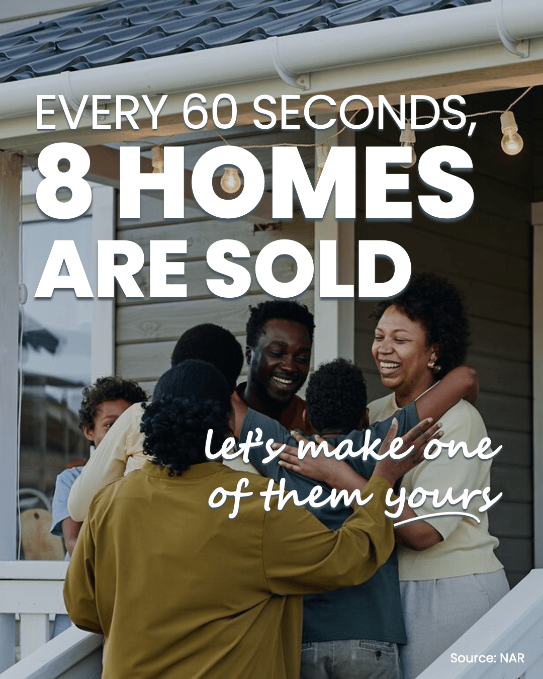 Infographic featuring real estate market statistics showing that about 8 homes sell every minute nationwide.