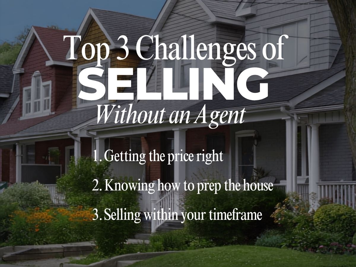A professional real estate infographic displaying data and text highlighting the hardest parts of selling a home without an agent.
