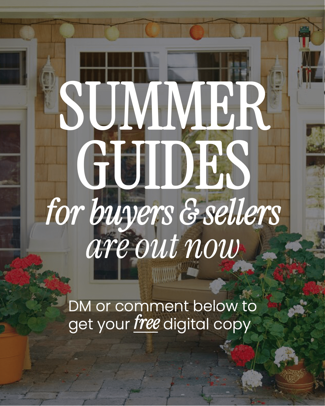 A professional marketing graphic titled 'The Summer Guides for Buyers and Sellers Are Here' featuring modern summer-themed house icons.
