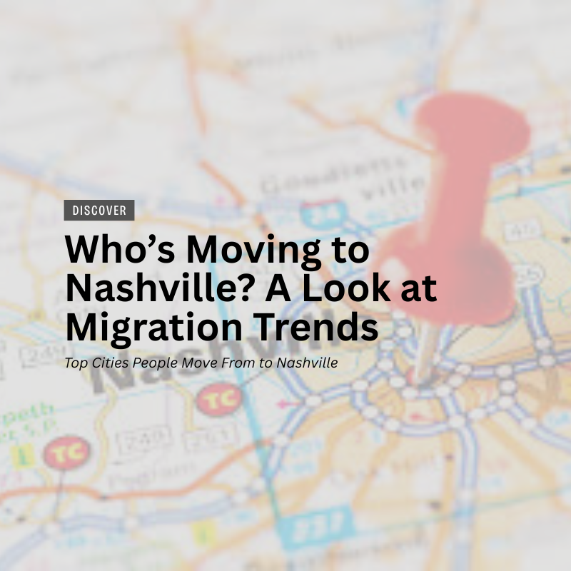 Nashville cityscape with directional arrows from other major cities representing relocation trends
