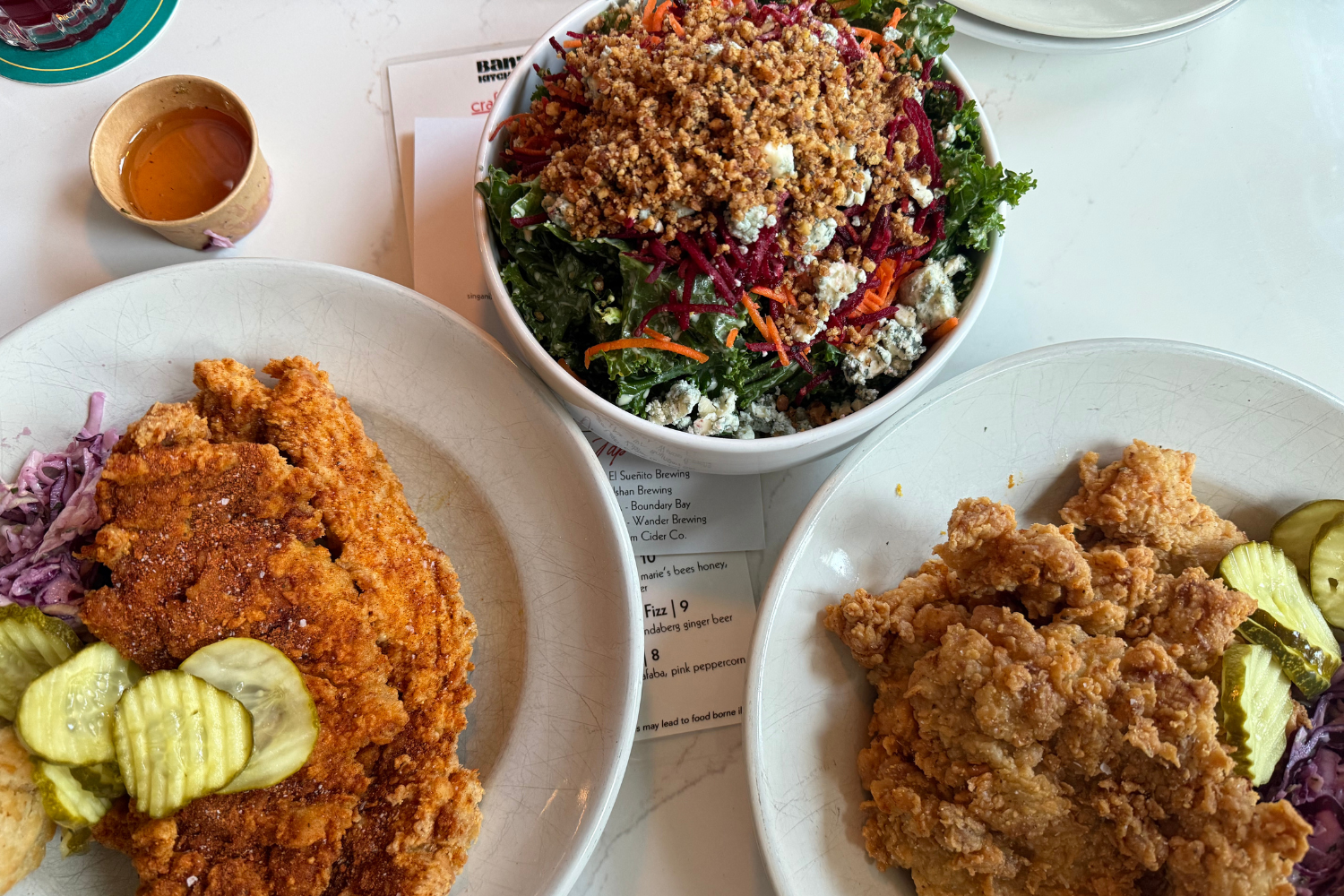 Photo of fried chicken and salad 