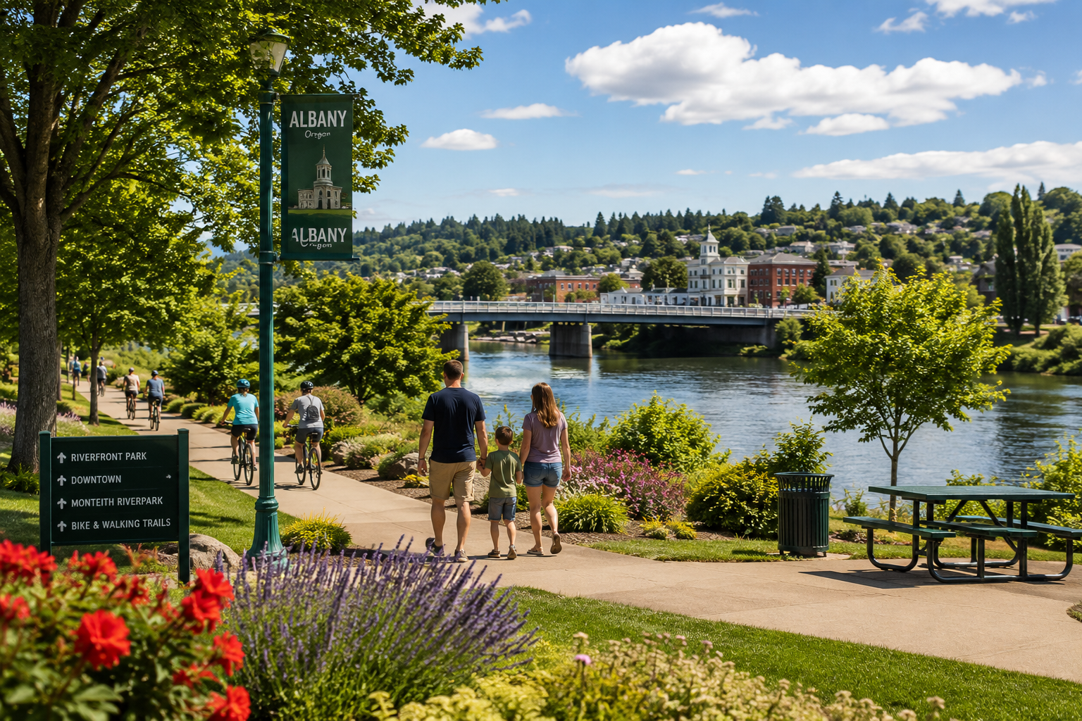 Families enjoying a sunny summer day at Albany's riverfront park with walking trails, the Willamette River, and scenic downtown views, highlighting the outdoor lifestyle in Oregon's Willamette Valley.